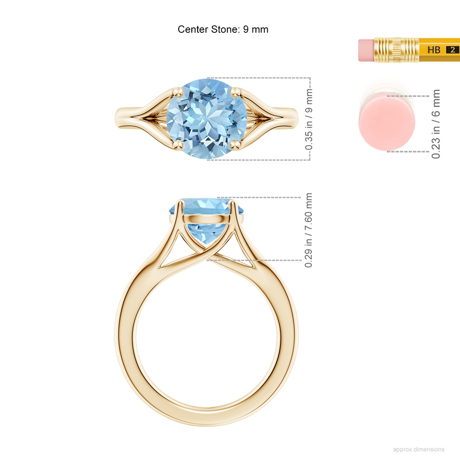 9mm AAAA Classic Solitaire Round Aquamarine Split Shank Engagement Ring in Yellow Gold ruler