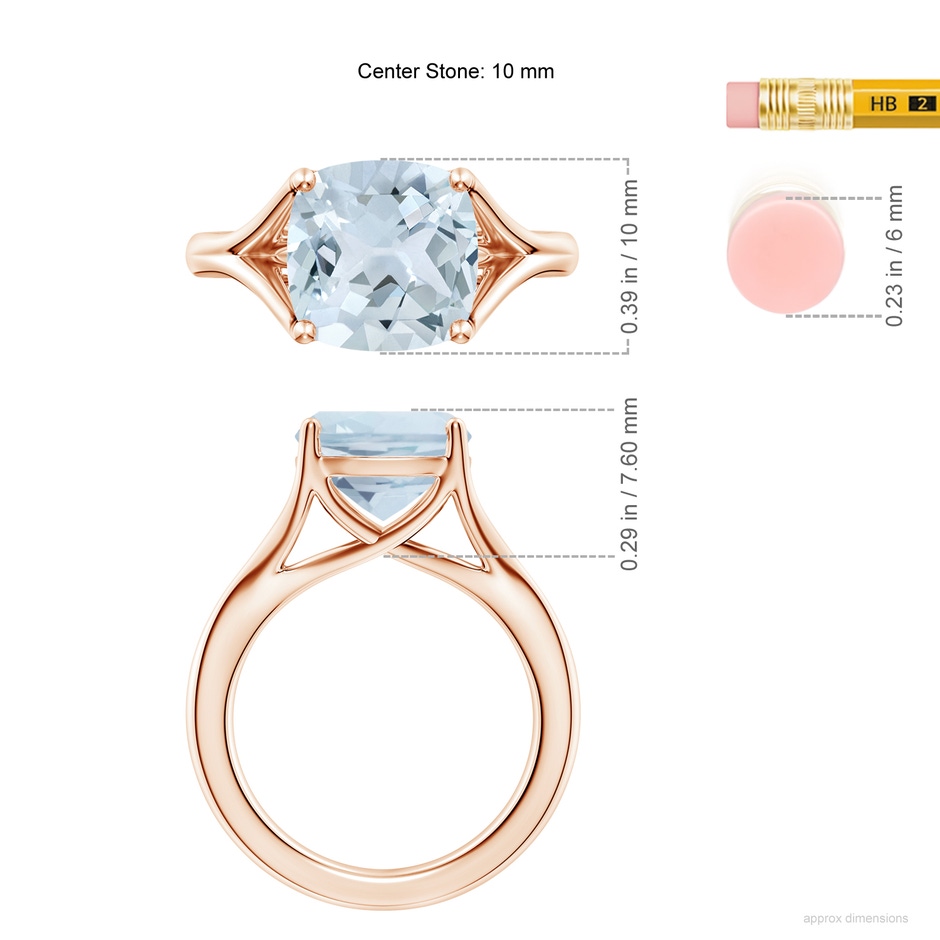 10mm A Classic Solitaire Cushion Aquamarine Split Shank Engagement Ring in Rose Gold ruler
