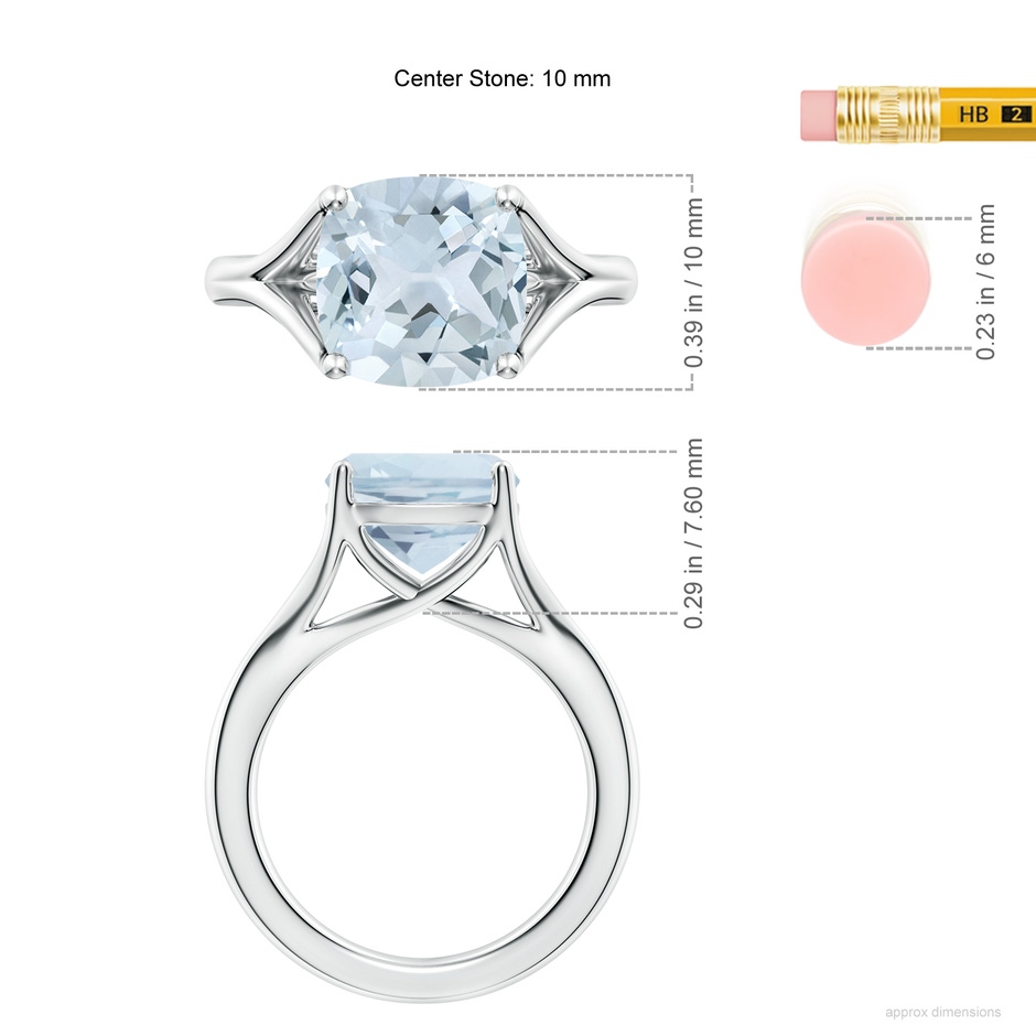 10mm A Classic Solitaire Cushion Aquamarine Split Shank Engagement Ring in White Gold ruler