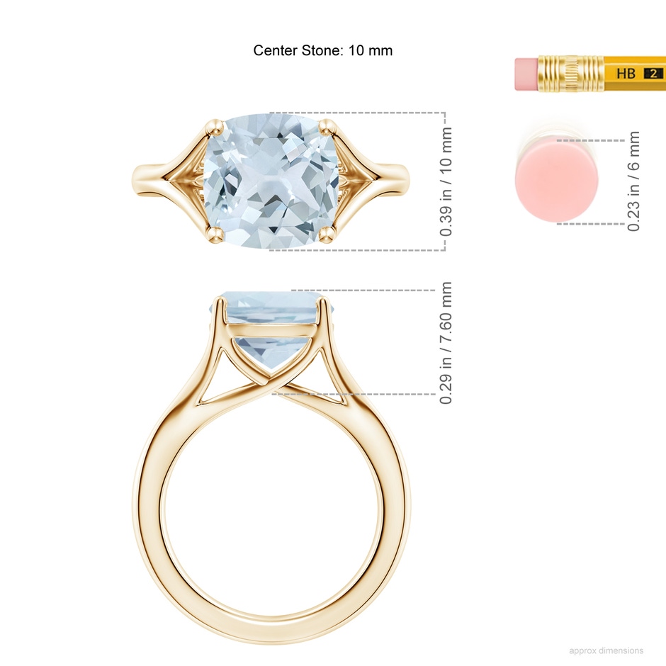 10mm A Classic Solitaire Cushion Aquamarine Split Shank Engagement Ring in Yellow Gold ruler