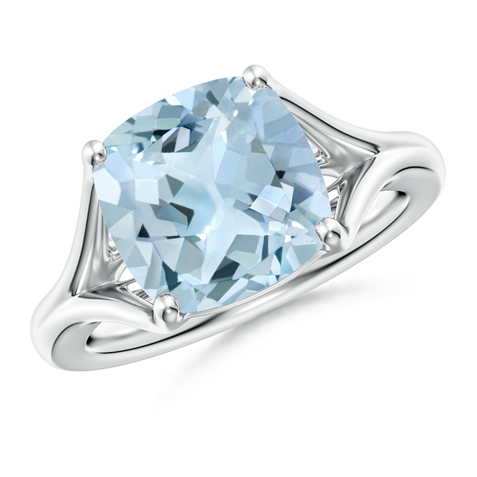 10mm AA Classic Solitaire Cushion Aquamarine Split Shank Engagement Ring in 9K White Gold 