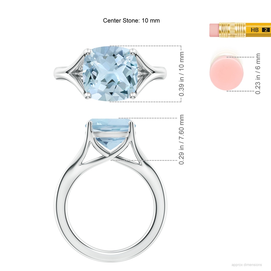 10mm AA Classic Solitaire Cushion Aquamarine Split Shank Engagement Ring in 9K White Gold ruler