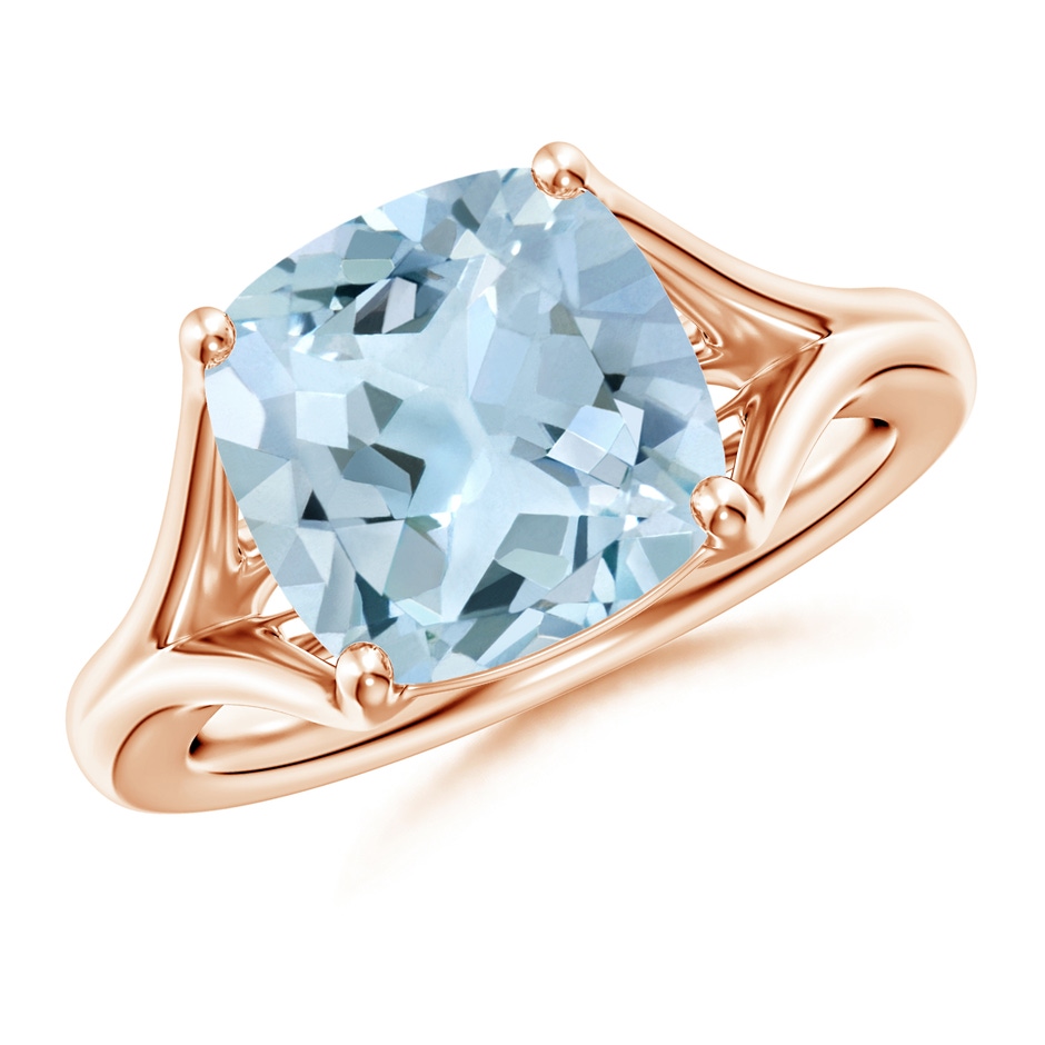 10mm AA Classic Solitaire Cushion Aquamarine Split Shank Engagement Ring in Rose Gold 
