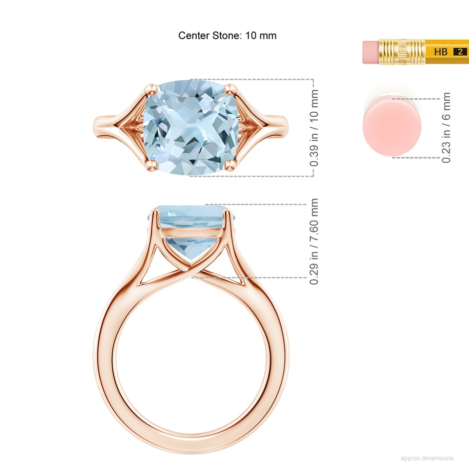 10mm AA Classic Solitaire Cushion Aquamarine Split Shank Engagement Ring in Rose Gold ruler