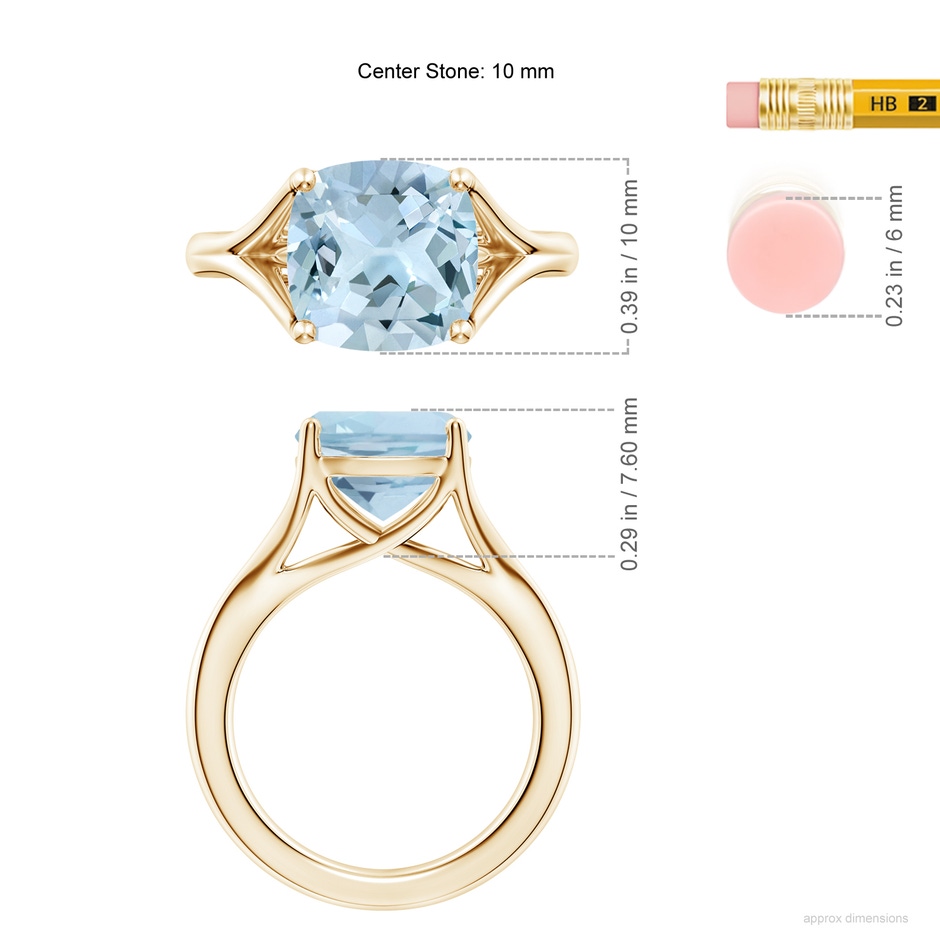 10mm AA Classic Solitaire Cushion Aquamarine Split Shank Engagement Ring in Yellow Gold ruler