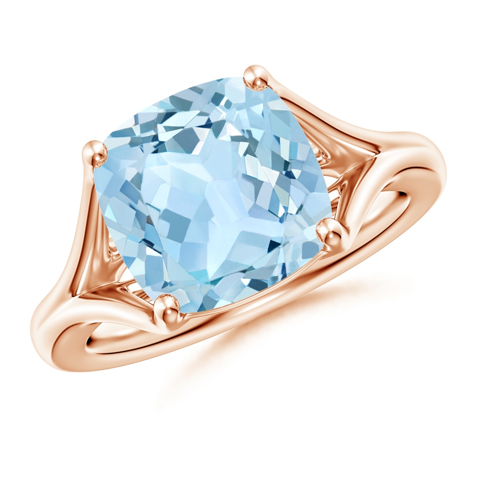 10mm AAA Classic Solitaire Cushion Aquamarine Split Shank Engagement Ring in Rose Gold 