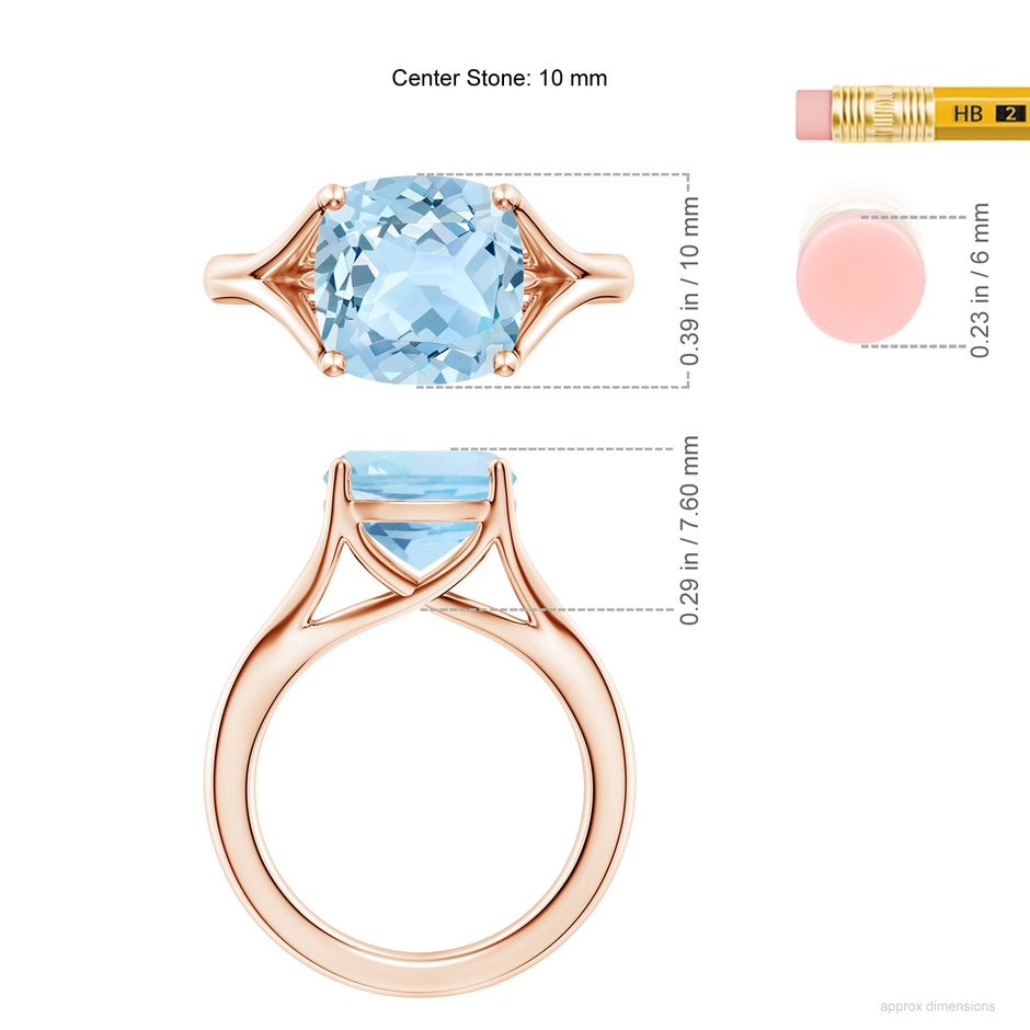 10mm AAA Classic Solitaire Cushion Aquamarine Split Shank Engagement Ring in Rose Gold ruler