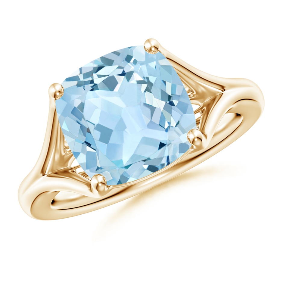 10mm AAA Classic Solitaire Cushion Aquamarine Split Shank Engagement Ring in Yellow Gold 