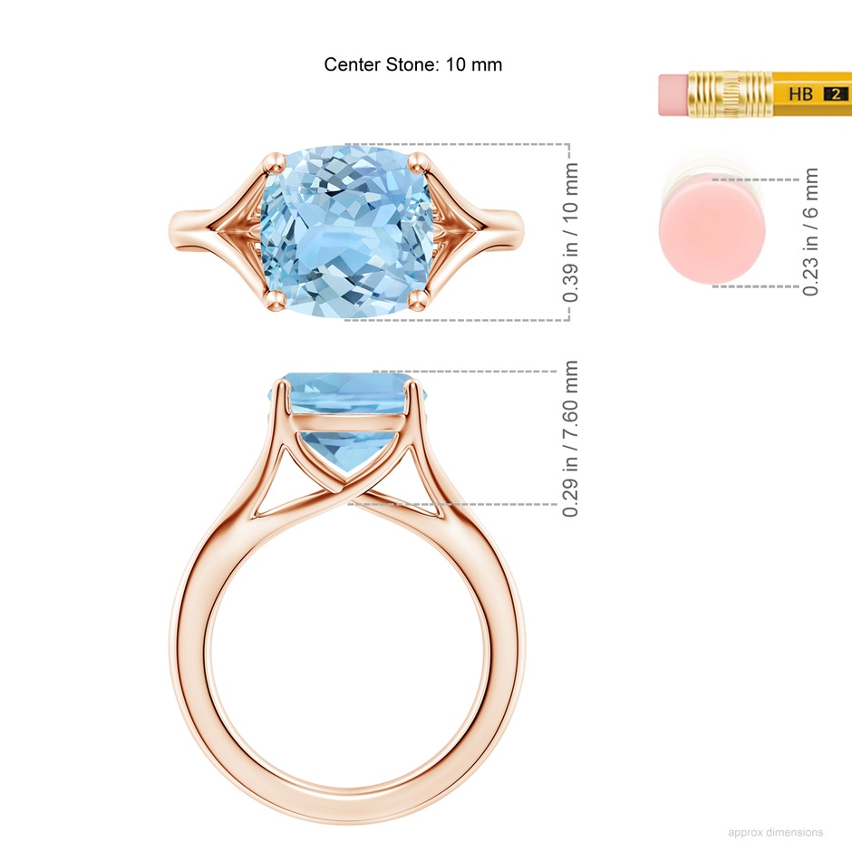 10mm AAAA Classic Solitaire Cushion Aquamarine Split Shank Engagement Ring in Rose Gold ruler