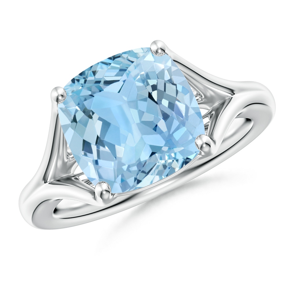 10mm AAAA Classic Solitaire Cushion Aquamarine Split Shank Engagement Ring in S999 Silver
