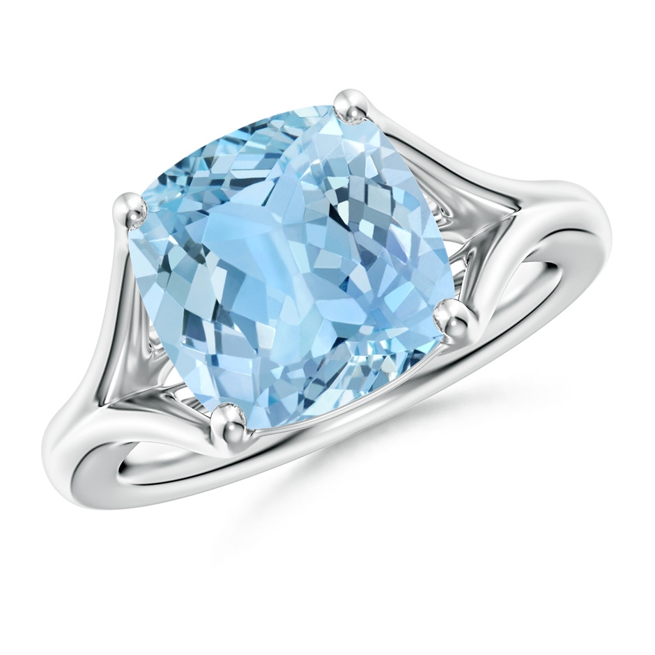 10mm AAAA Classic Solitaire Cushion Aquamarine Split Shank Engagement Ring in S999 Silver 