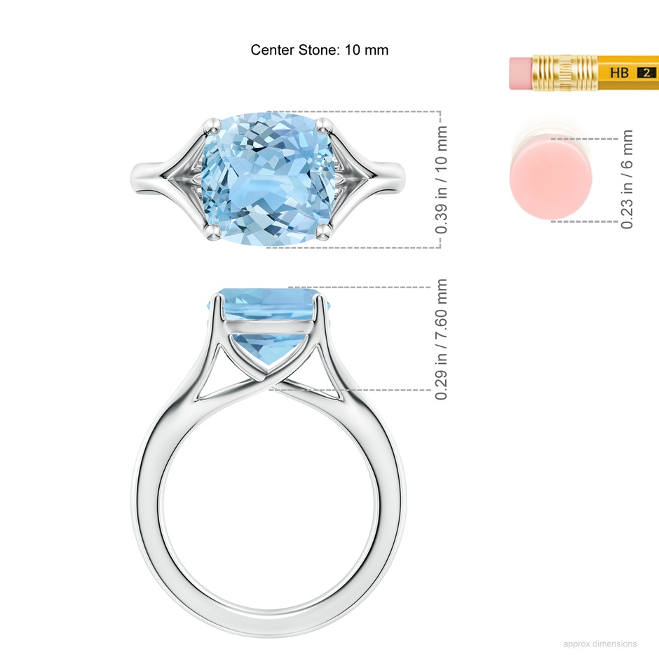 10mm AAAA Classic Solitaire Cushion Aquamarine Split Shank Engagement Ring in S999 Silver ruler