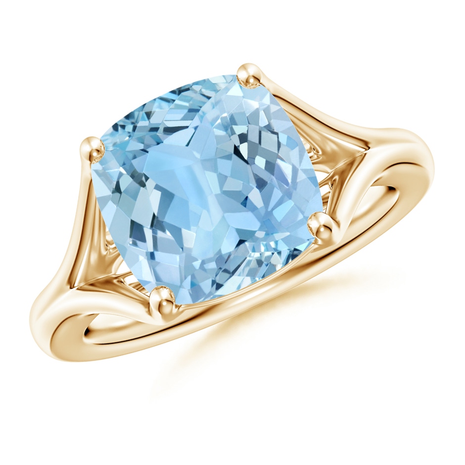 10mm AAAA Classic Solitaire Cushion Aquamarine Split Shank Engagement Ring in Yellow Gold 