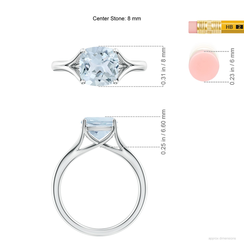 8mm A Classic Solitaire Cushion Aquamarine Split Shank Engagement Ring in S999 Silver ruler