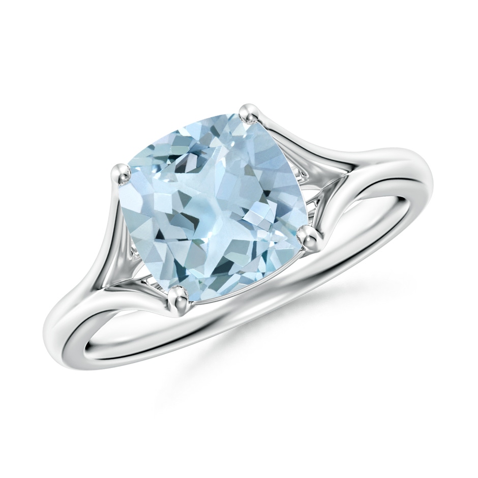 8mm AA Classic Solitaire Cushion Aquamarine Split Shank Engagement Ring in 9K White Gold 