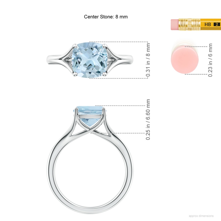 8mm AA Classic Solitaire Cushion Aquamarine Split Shank Engagement Ring in 9K White Gold ruler