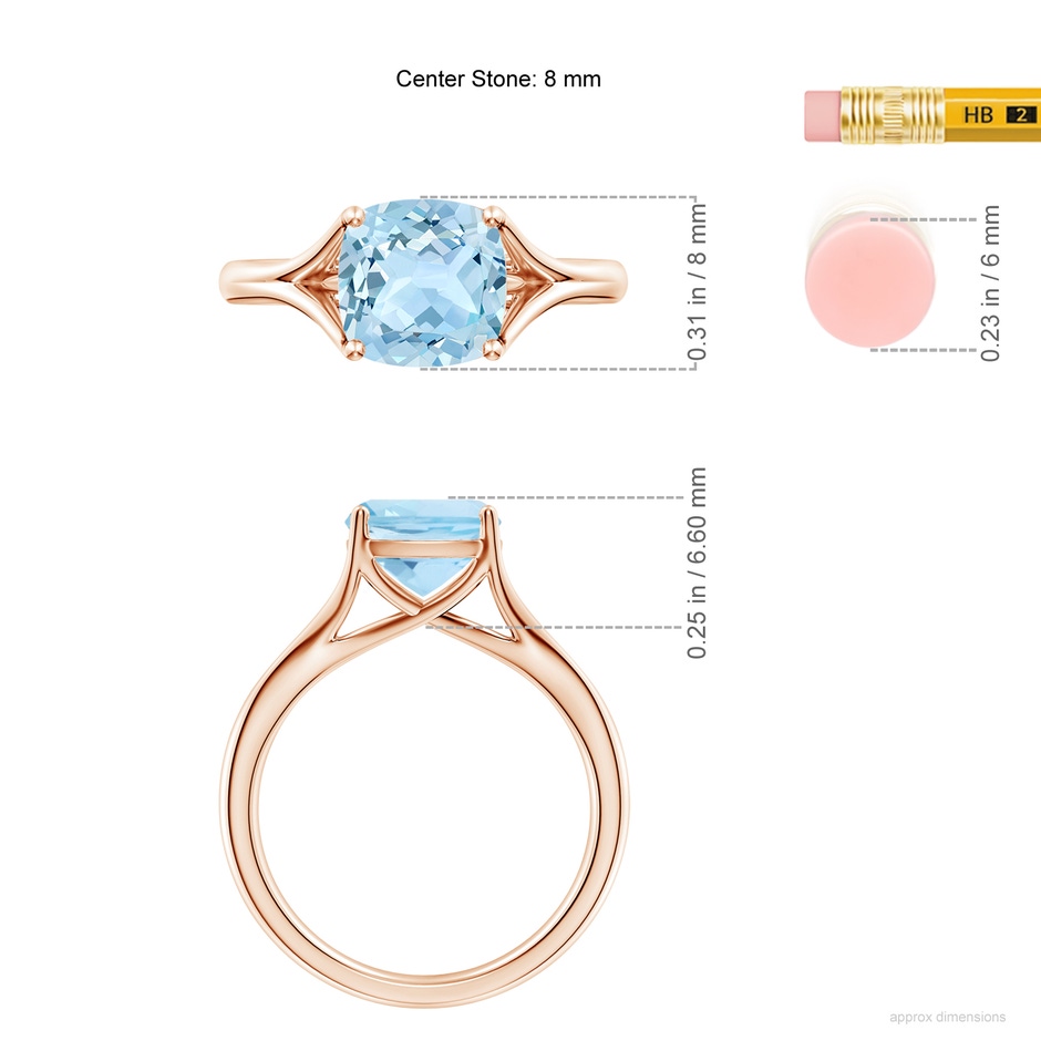 8mm AAA Classic Solitaire Cushion Aquamarine Split Shank Engagement Ring in Rose Gold ruler
