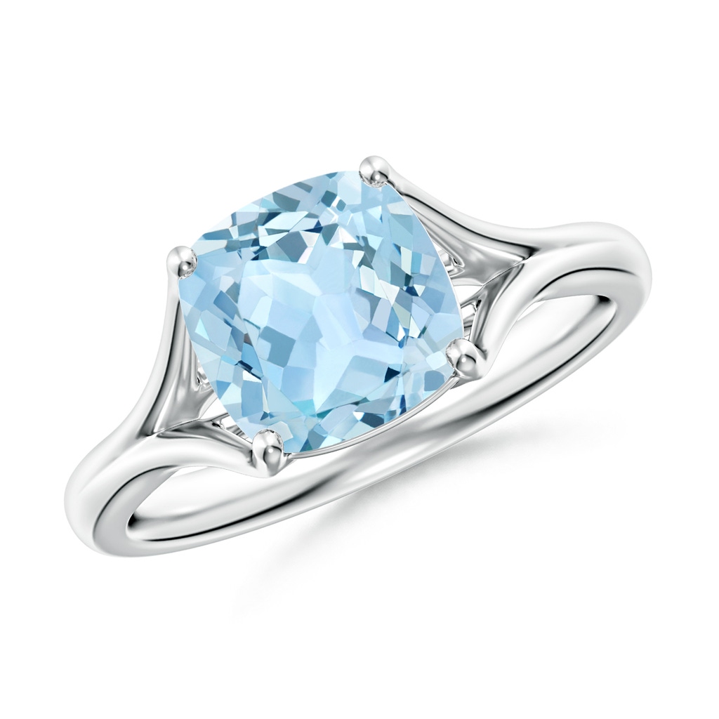 8mm AAA Classic Solitaire Cushion Aquamarine Split Shank Engagement Ring in White Gold