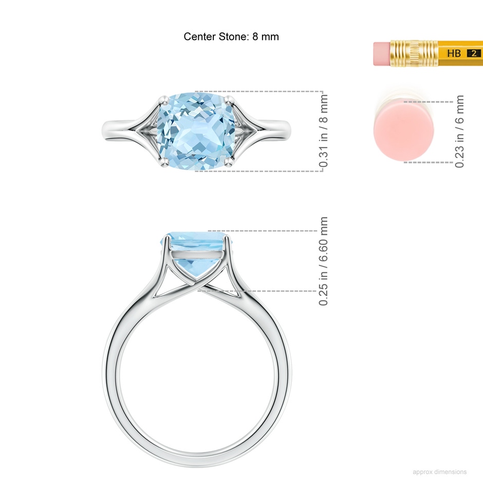 8mm AAA Classic Solitaire Cushion Aquamarine Split Shank Engagement Ring in White Gold ruler