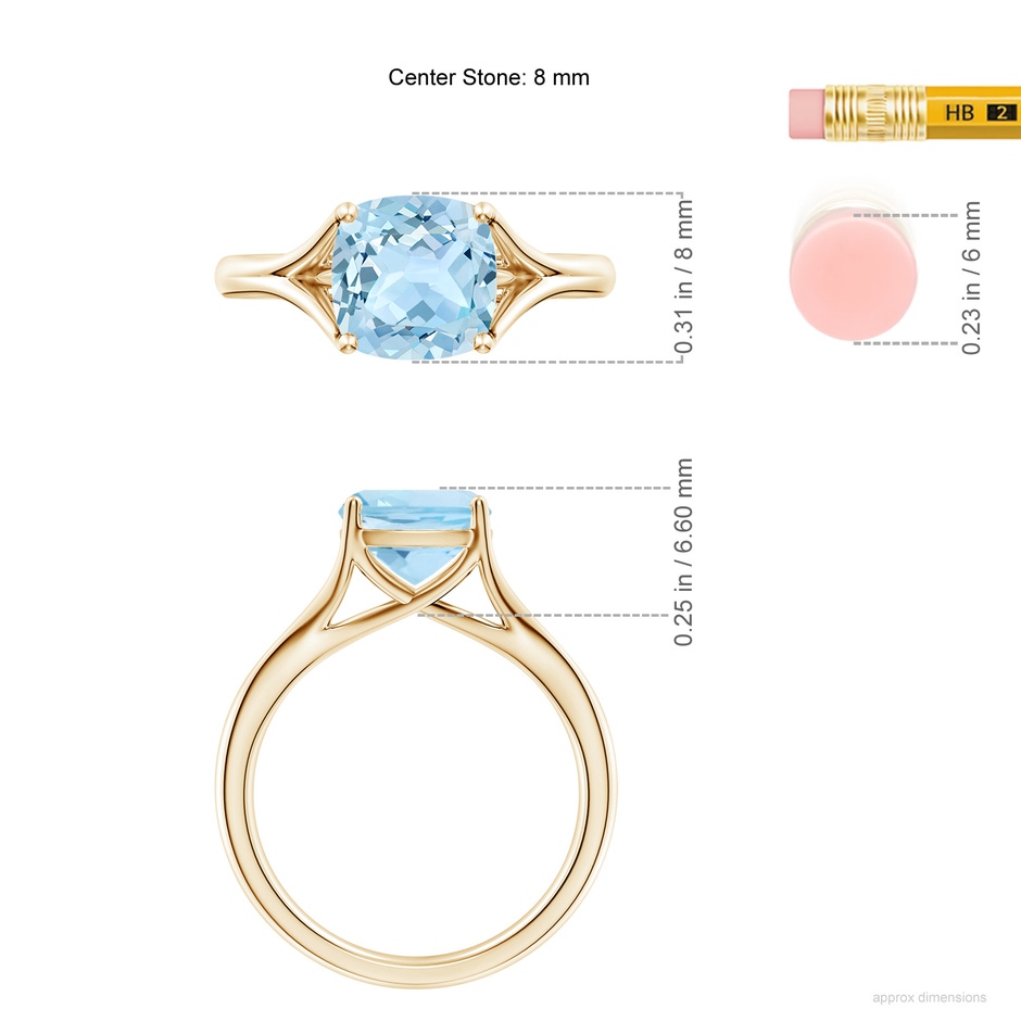 8mm AAA Classic Solitaire Cushion Aquamarine Split Shank Engagement Ring in Yellow Gold ruler