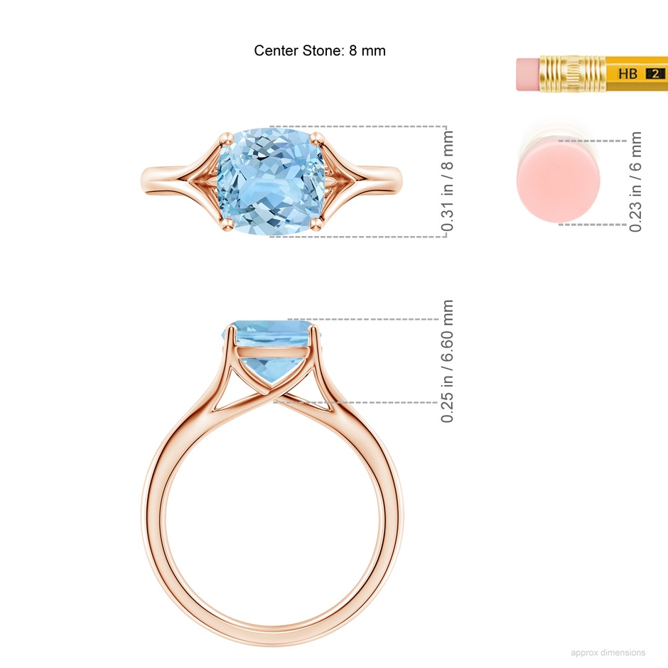 8mm AAAA Classic Solitaire Cushion Aquamarine Split Shank Engagement Ring in Rose Gold ruler