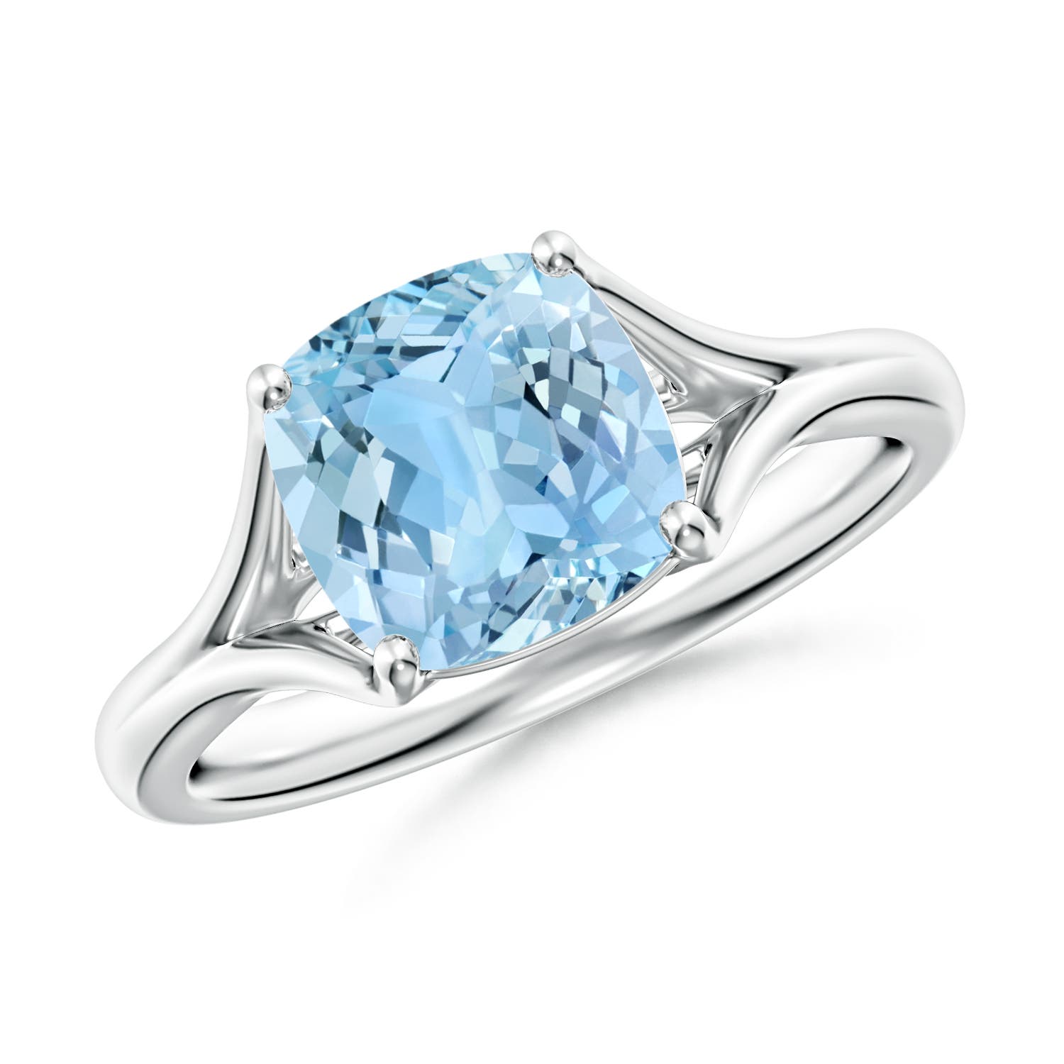 8mm AAAA Classic Solitaire Cushion Aquamarine Split Shank Engagement Ring in White Gold
