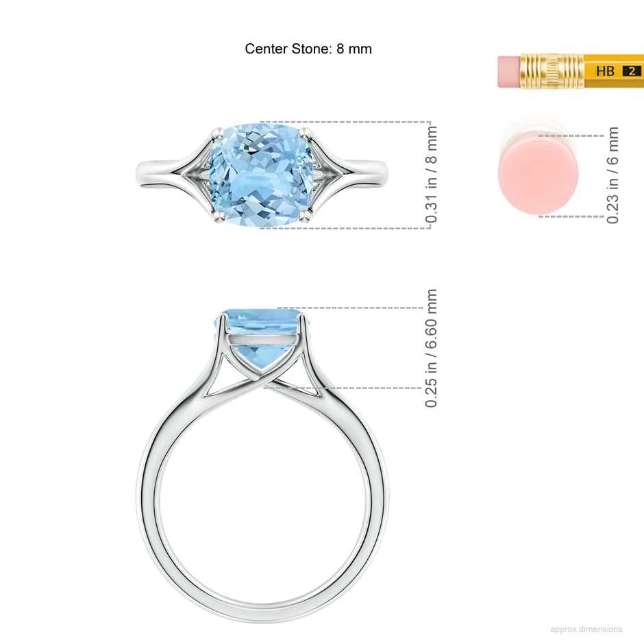 8mm AAAA Classic Solitaire Cushion Aquamarine Split Shank Engagement Ring in White Gold ruler