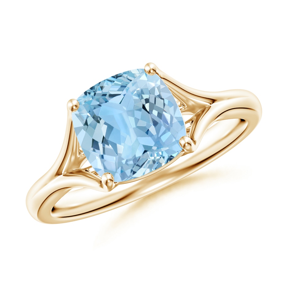 8mm AAAA Classic Solitaire Cushion Aquamarine Split Shank Engagement Ring in Yellow Gold 