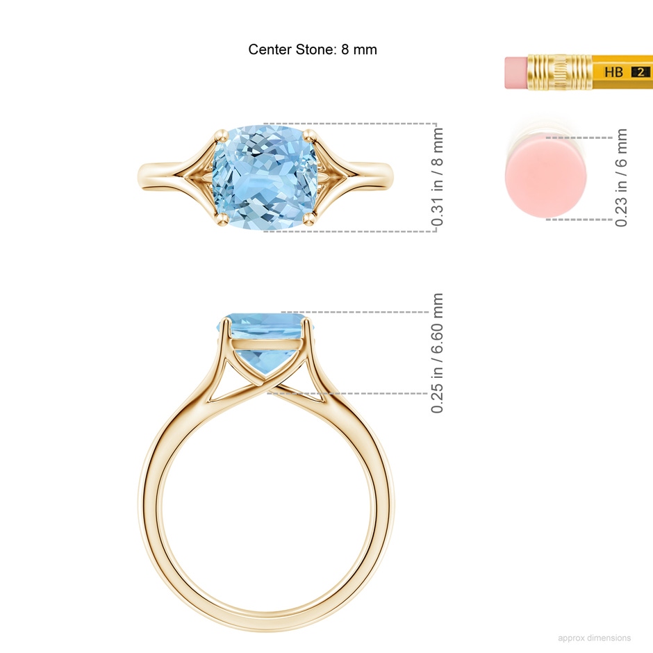 8mm AAAA Classic Solitaire Cushion Aquamarine Split Shank Engagement Ring in Yellow Gold ruler