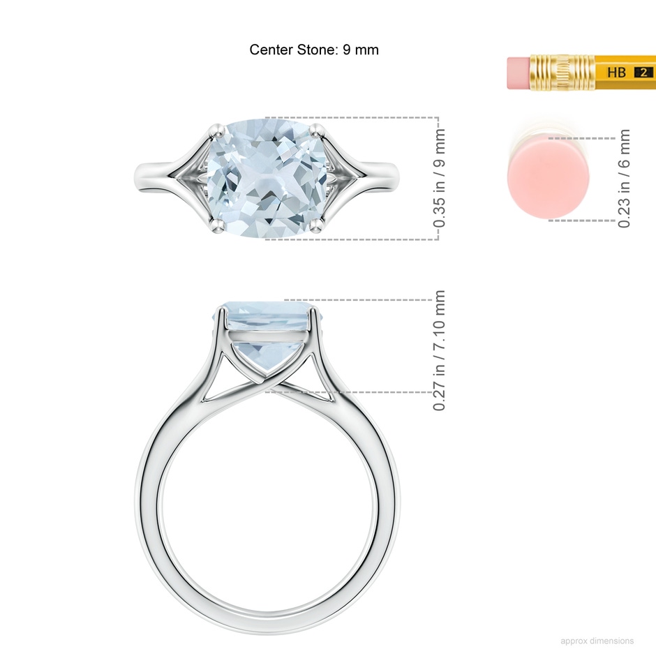 9mm A Classic Solitaire Cushion Aquamarine Split Shank Engagement Ring in S999 Silver ruler