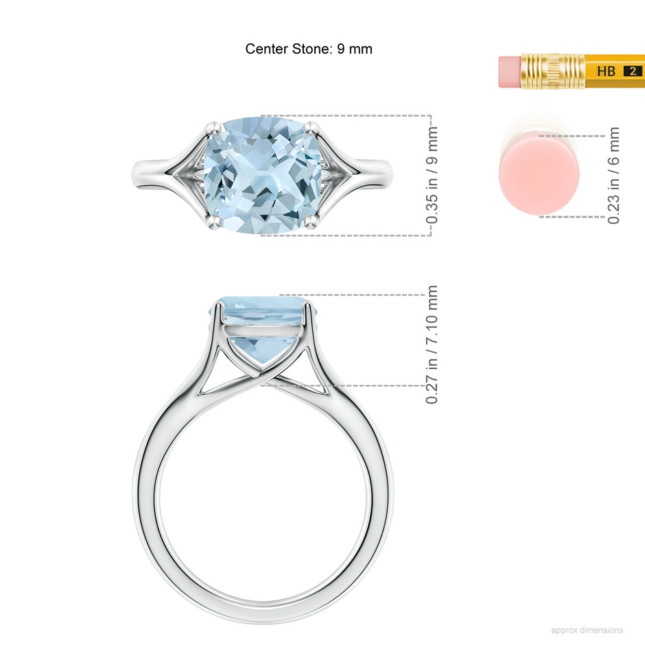 9mm AA Classic Solitaire Cushion Aquamarine Split Shank Engagement Ring in 9K White Gold ruler