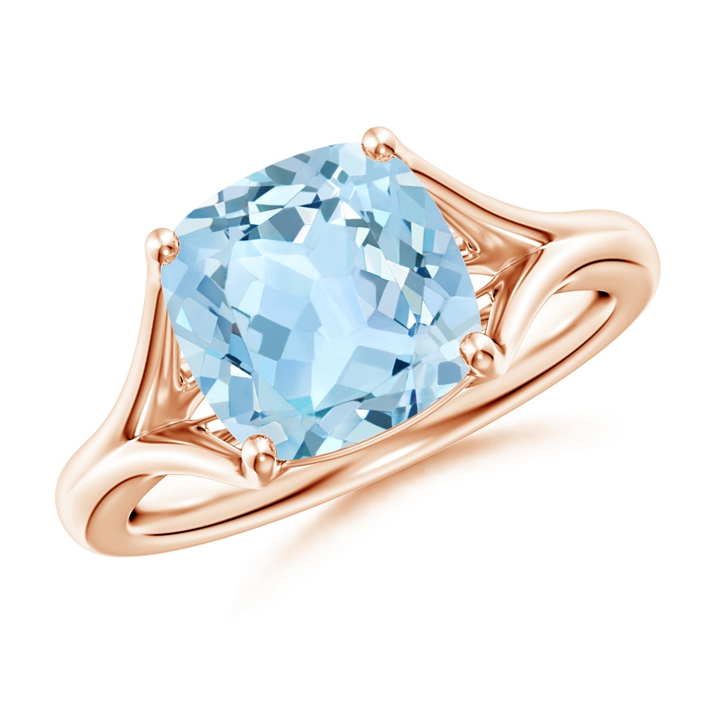 9mm AAA Classic Solitaire Cushion Aquamarine Split Shank Engagement Ring in Rose Gold