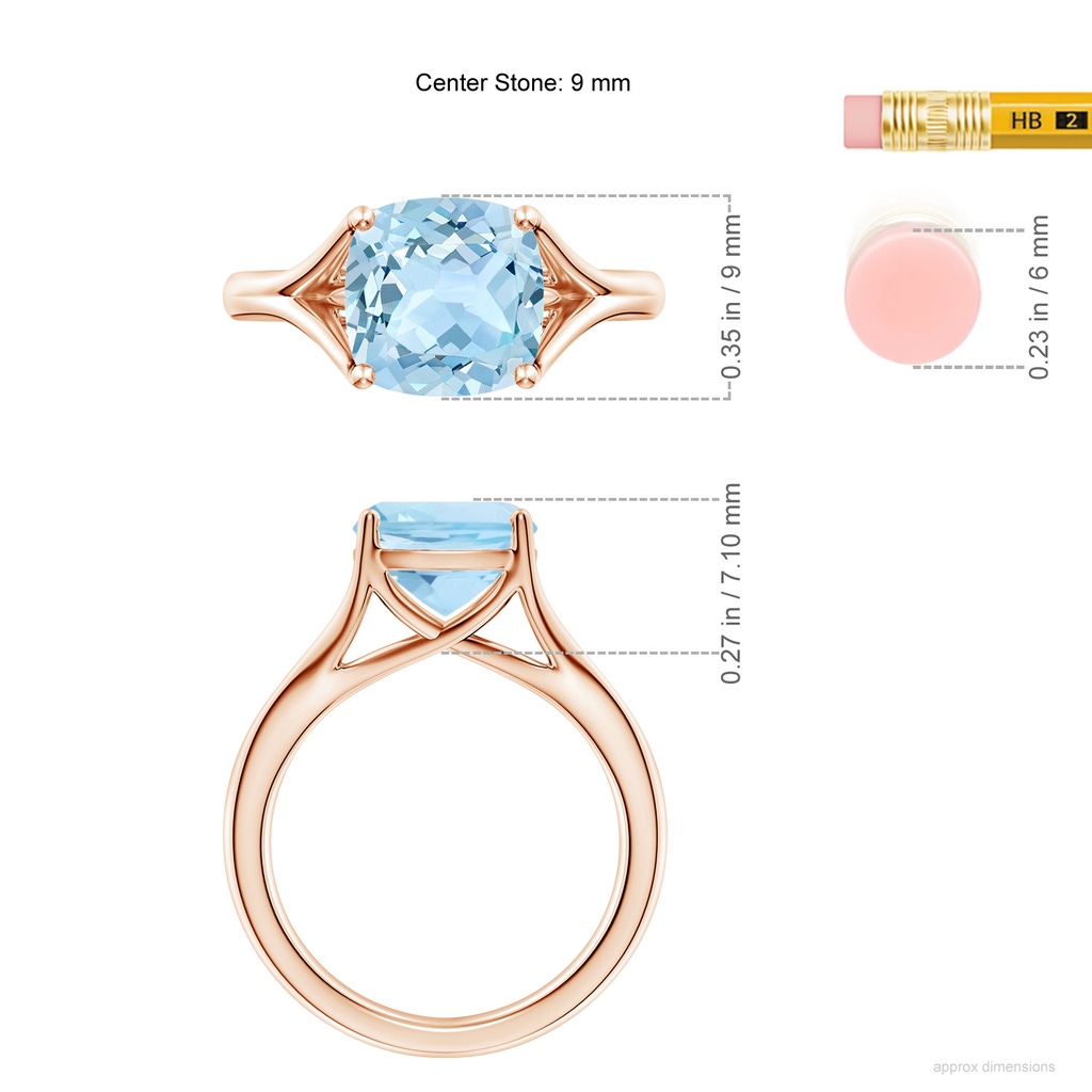 9mm AAA Classic Solitaire Cushion Aquamarine Split Shank Engagement Ring in Rose Gold ruler