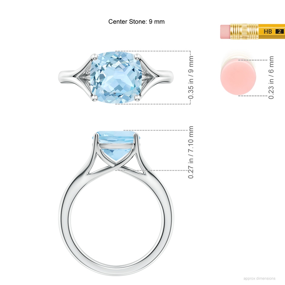 9mm AAA Classic Solitaire Cushion Aquamarine Split Shank Engagement Ring in White Gold ruler