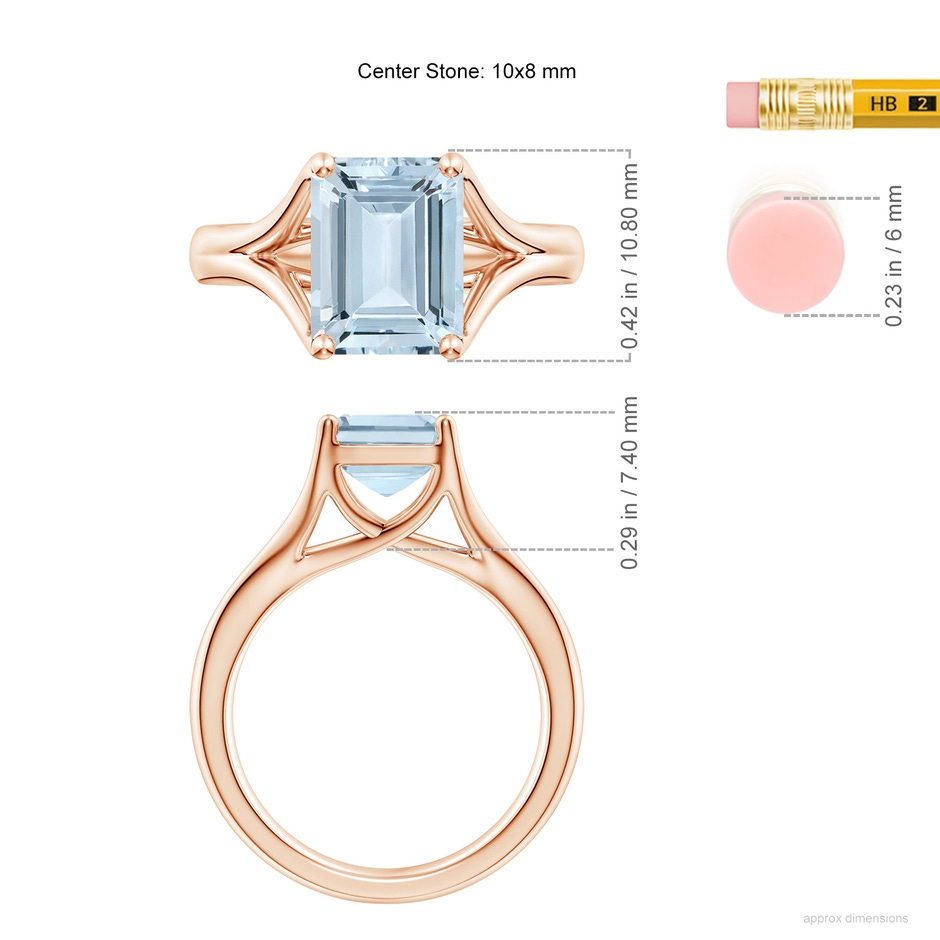 10x8mm A Classic Solitaire Emerald-Cut Aquamarine Split Shank Engagement Ring in Rose Gold ruler
