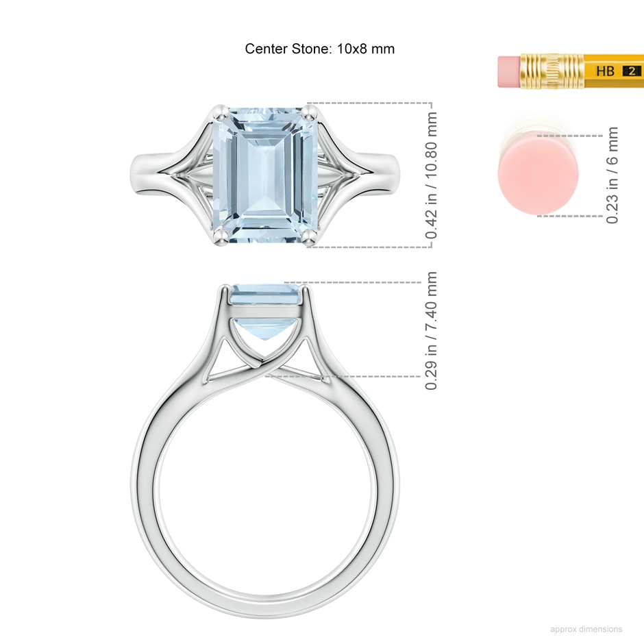 10x8mm A Classic Solitaire Emerald-Cut Aquamarine Split Shank Engagement Ring in White Gold ruler