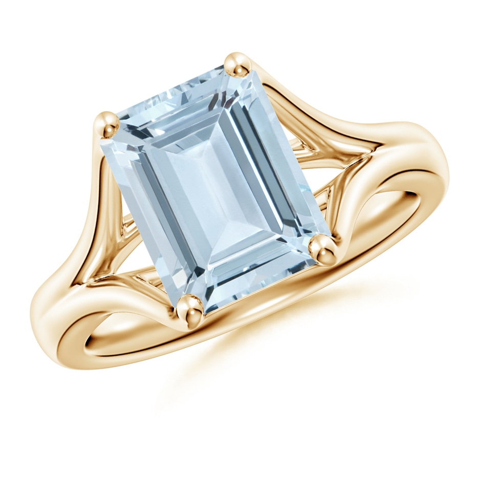 10x8mm A Classic Solitaire Emerald-Cut Aquamarine Split Shank Engagement Ring in Yellow Gold 