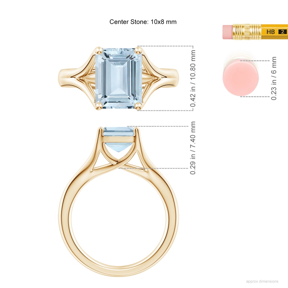 10x8mm A Classic Solitaire Emerald-Cut Aquamarine Split Shank Engagement Ring in Yellow Gold ruler