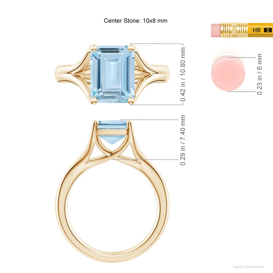 10x8mm AA Classic Solitaire Emerald-Cut Aquamarine Split Shank Engagement Ring in Yellow Gold ruler