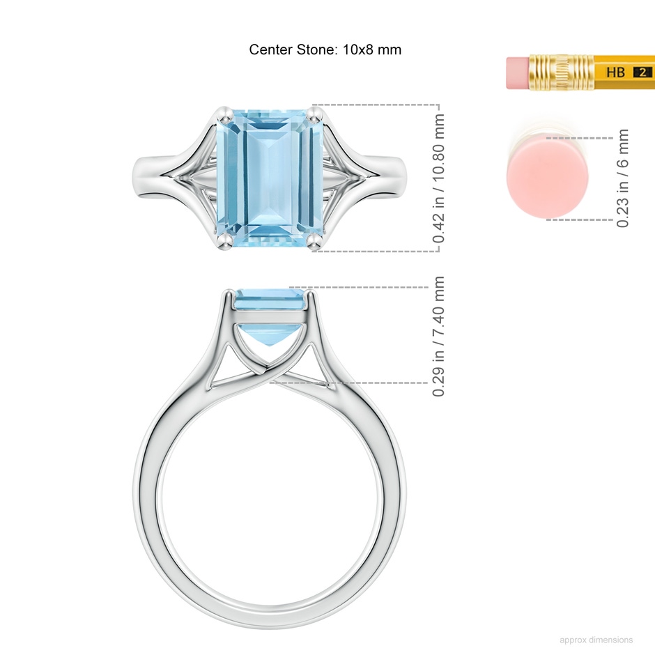 10x8mm AAA Classic Solitaire Emerald-Cut Aquamarine Split Shank Engagement Ring in P950 Platinum ruler