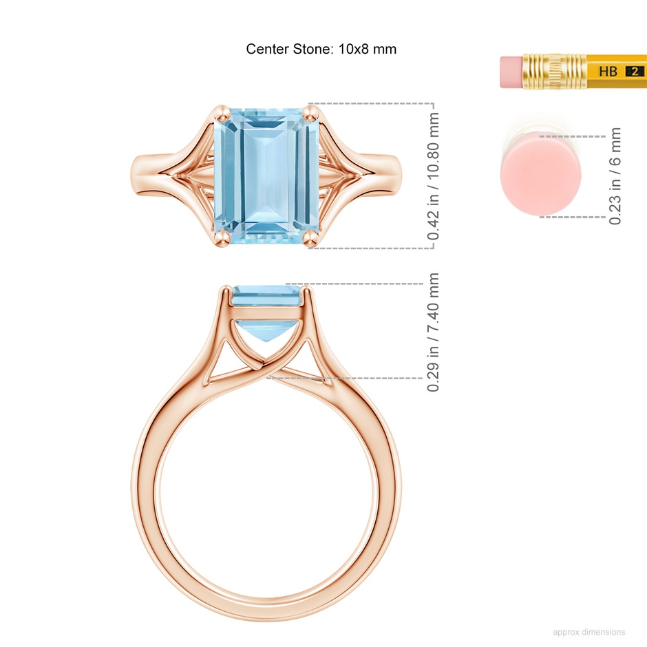10x8mm AAA Classic Solitaire Emerald-Cut Aquamarine Split Shank Engagement Ring in Rose Gold ruler