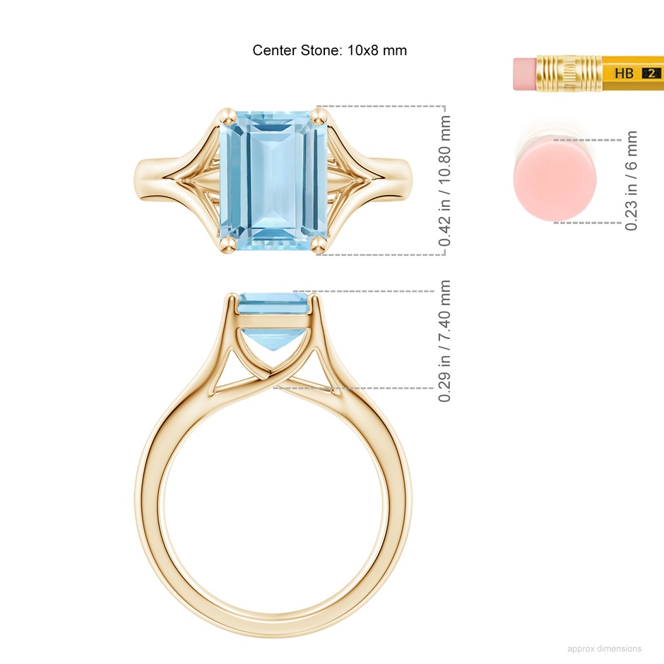 10x8mm AAA Classic Solitaire Emerald-Cut Aquamarine Split Shank Engagement Ring in Yellow Gold ruler