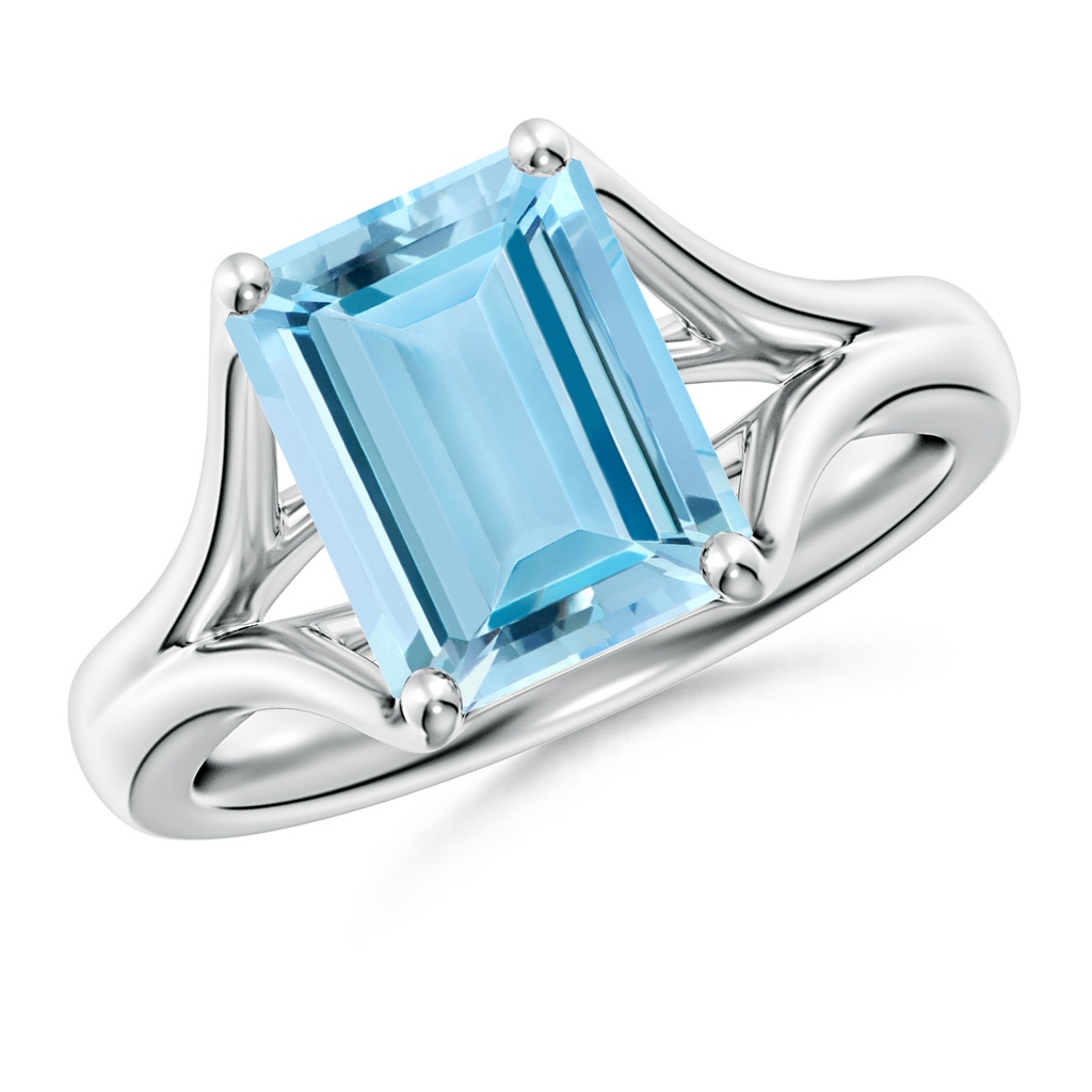 10x8mm AAAA Classic Solitaire Emerald-Cut Aquamarine Split Shank Engagement Ring in S999 Silver