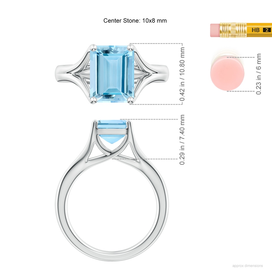 10x8mm AAAA Classic Solitaire Emerald-Cut Aquamarine Split Shank Engagement Ring in S999 Silver ruler