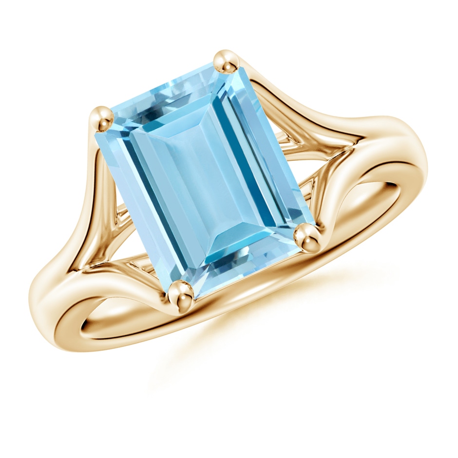 10x8mm AAAA Classic Solitaire Emerald-Cut Aquamarine Split Shank Engagement Ring in Yellow Gold 