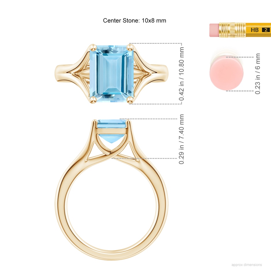 10x8mm AAAA Classic Solitaire Emerald-Cut Aquamarine Split Shank Engagement Ring in Yellow Gold ruler