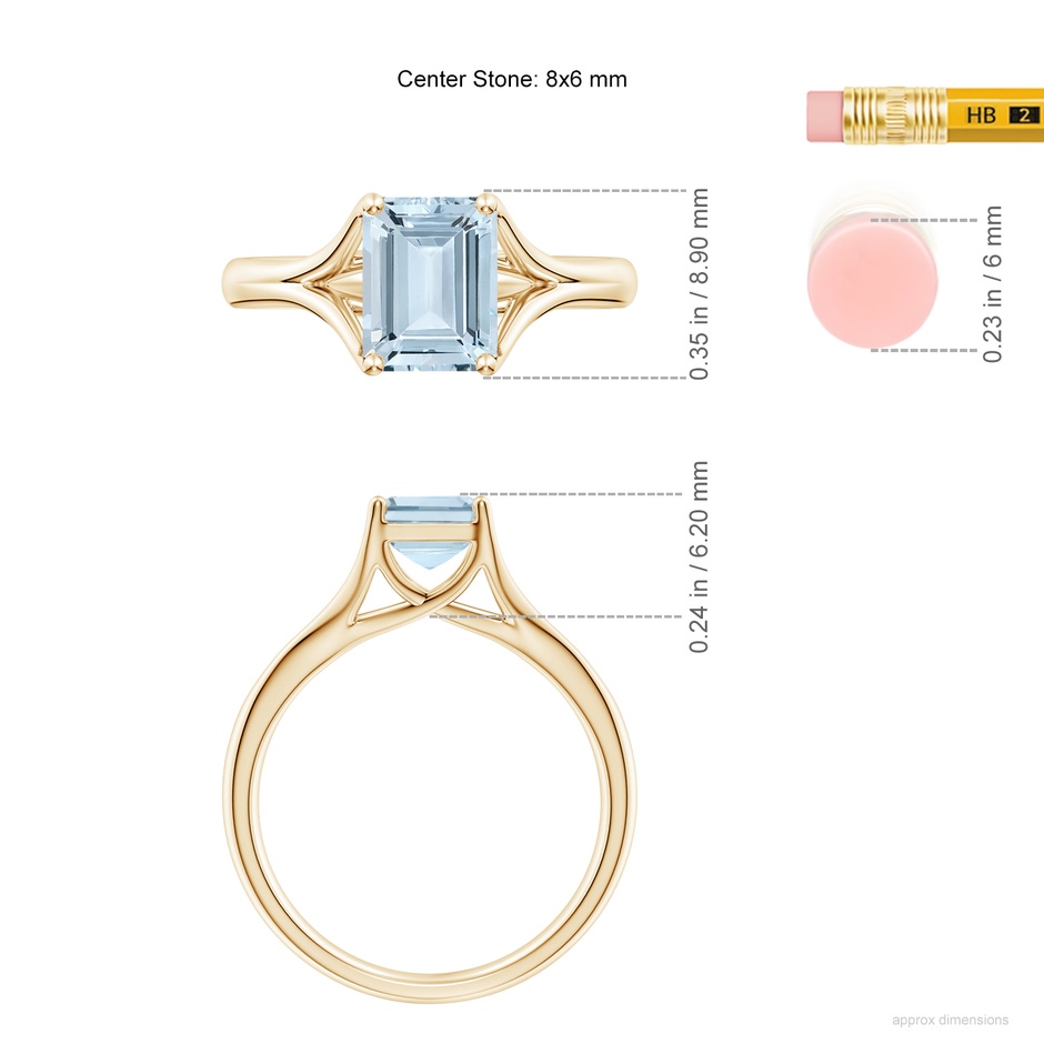 8x6mm A Classic Solitaire Emerald-Cut Aquamarine Split Shank Engagement Ring in Yellow Gold ruler