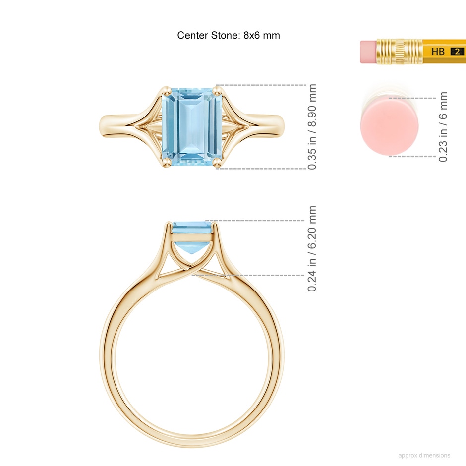 8x6mm AAA Classic Solitaire Emerald-Cut Aquamarine Split Shank Engagement Ring in Yellow Gold ruler