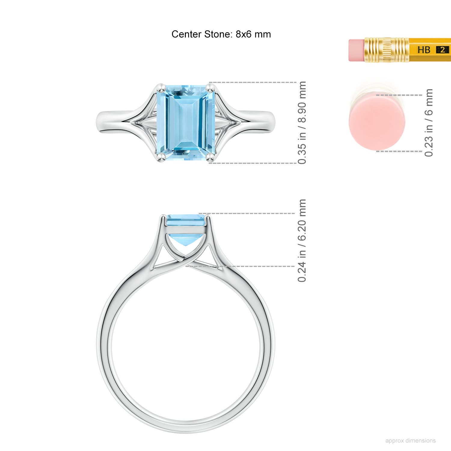 8x6mm AAAA Classic Solitaire Emerald-Cut Aquamarine Split Shank Engagement Ring in White Gold - ruler
