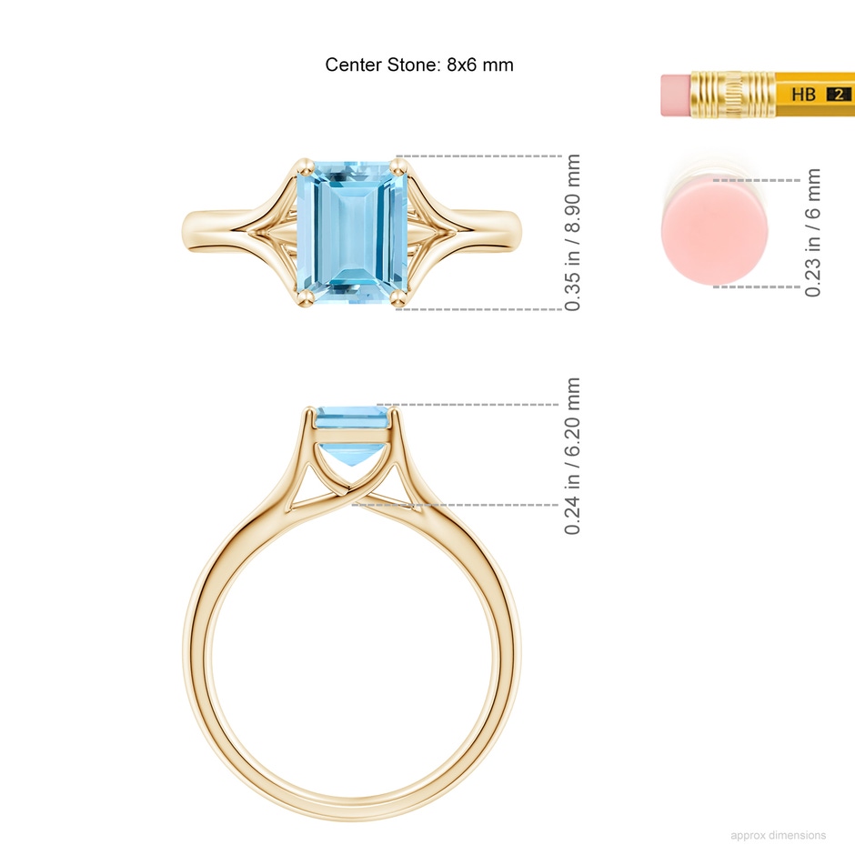 8x6mm AAAA Classic Solitaire Emerald-Cut Aquamarine Split Shank Engagement Ring in Yellow Gold ruler